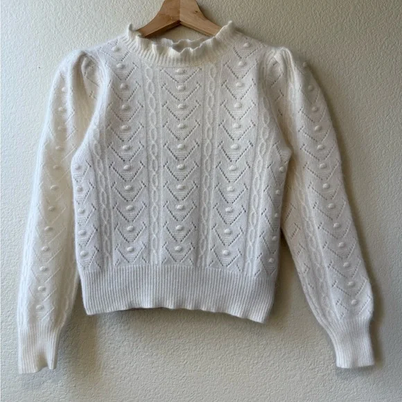 AQUA 100% Cashmere White Cropped Sweater Puff Sleeve Pointelle Knit XS - Picture 7 of 13